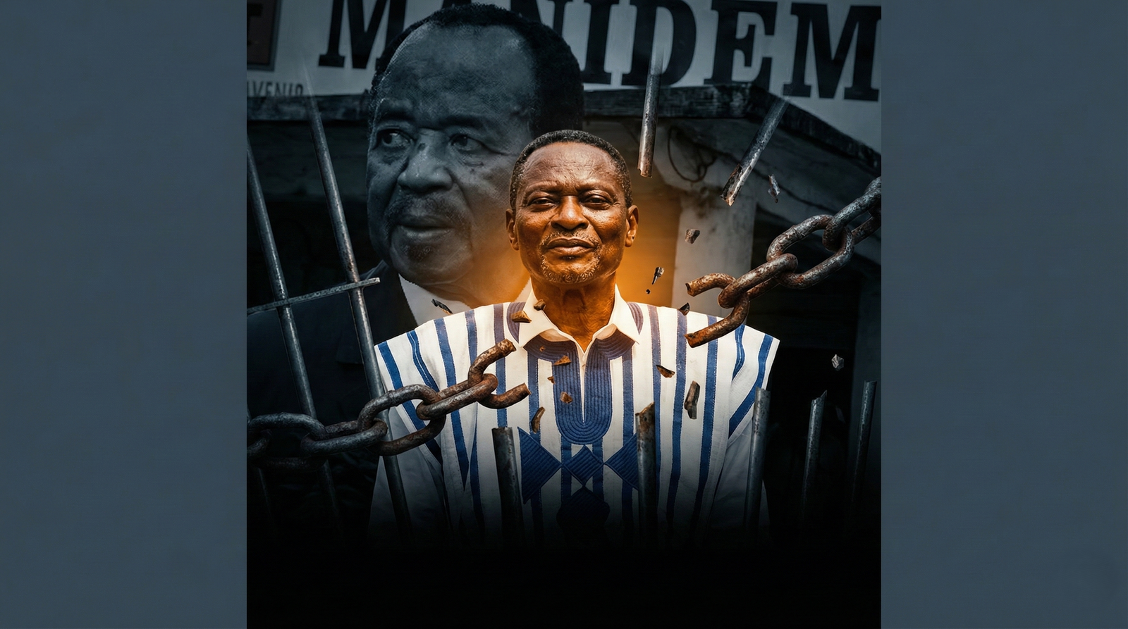 A martyr of democracy, illuminated but imprisoned, under the shadow of the dictator.